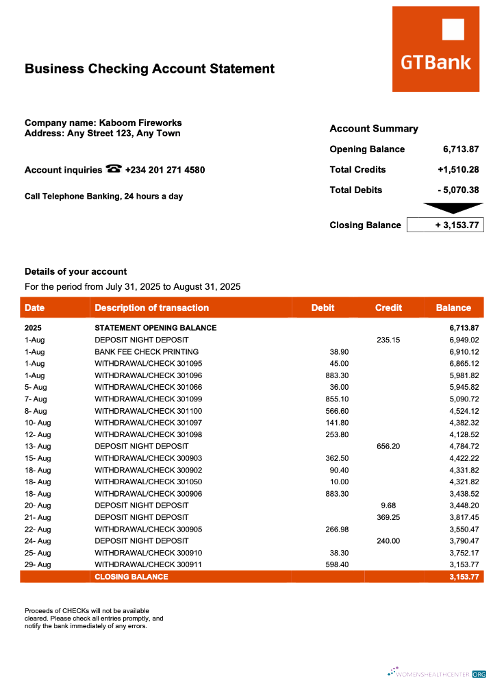 Download Nigeria GTBank firm account statement Word and PDF template Photoshop template